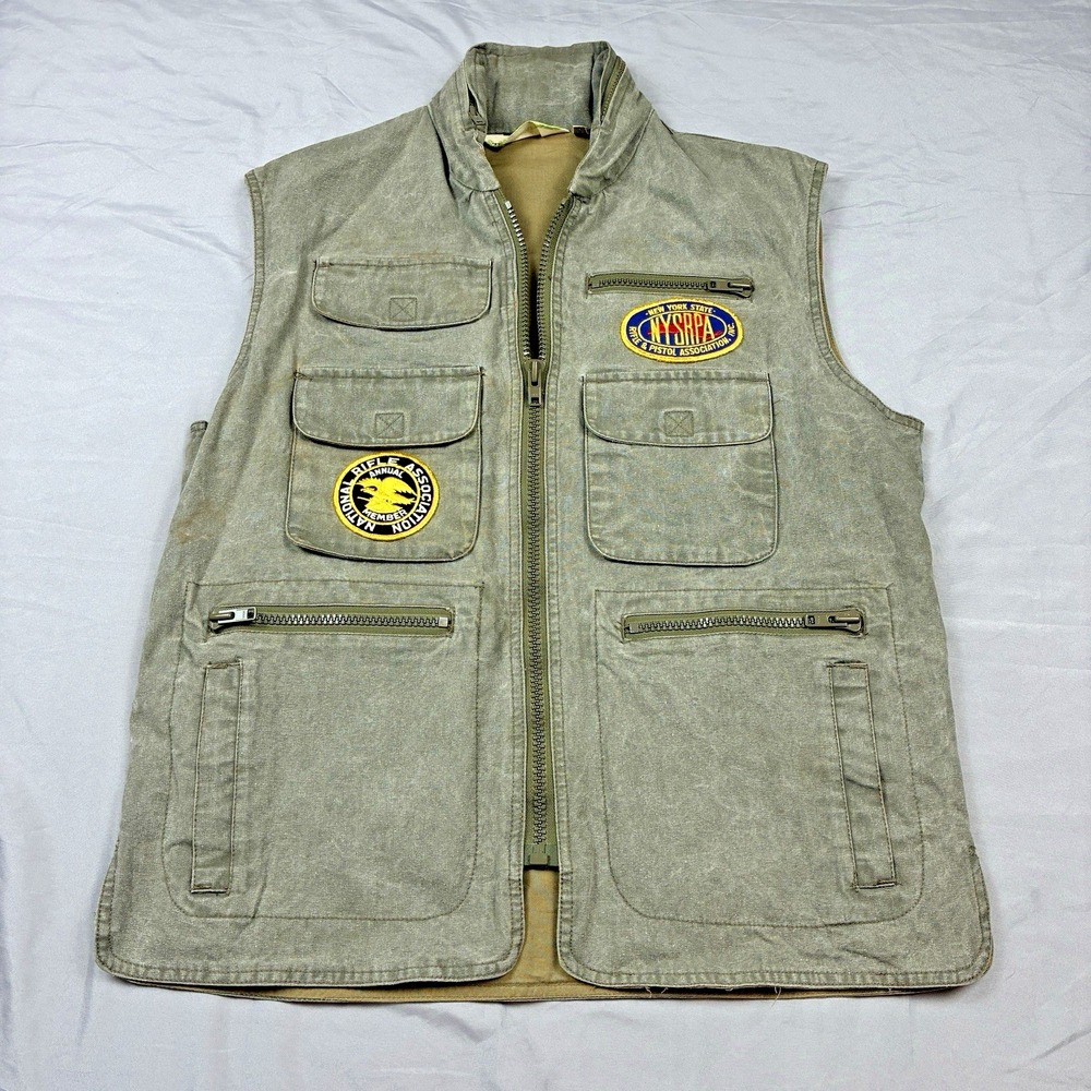VTG Fishing Vest Cargo Utility Hunting Size Medium Patches Gun Rifle Military